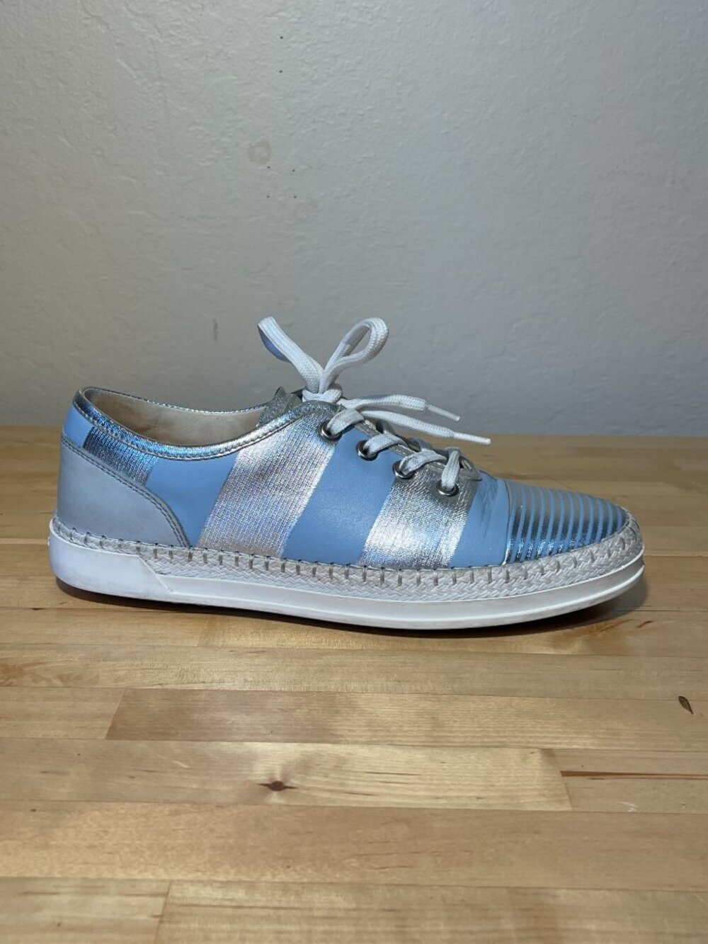 TOD'S Metallic Silver Blue Leather Espadrille Lace-Up Sneakers Made in Italy